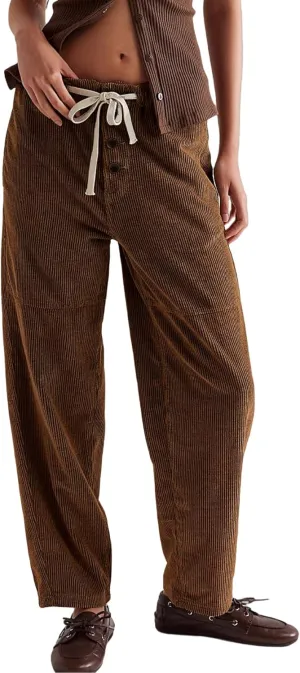 Women's Drawstring Corduroy Pants Mid Waist Straight Wide Leg Baggy Barrel Jeans Trouser