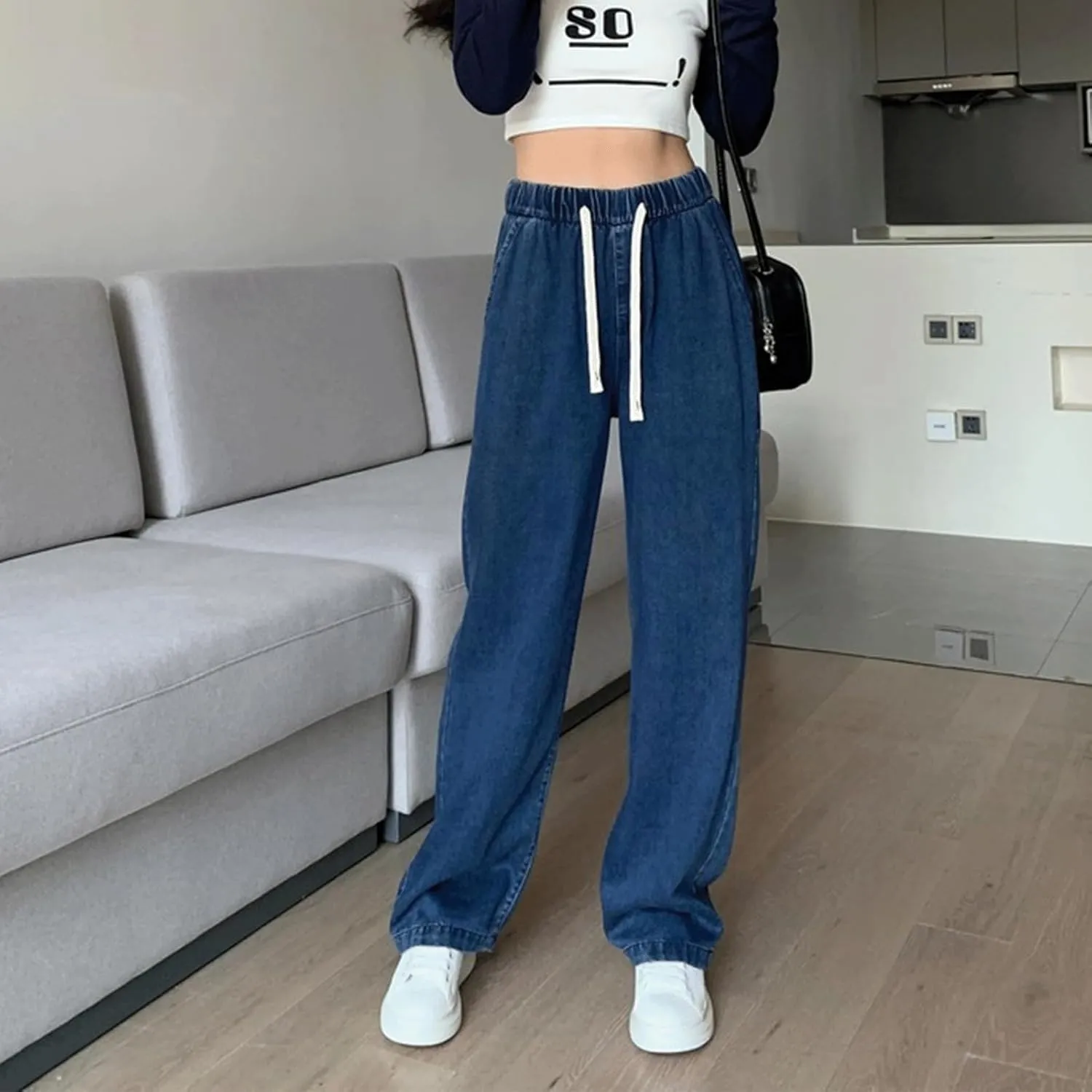 Women's Drawstring Jeans High Waisted Loose Fit Denim Pants Straight Leg Jeans Trendy Pockets Loose Wide Leg Pants