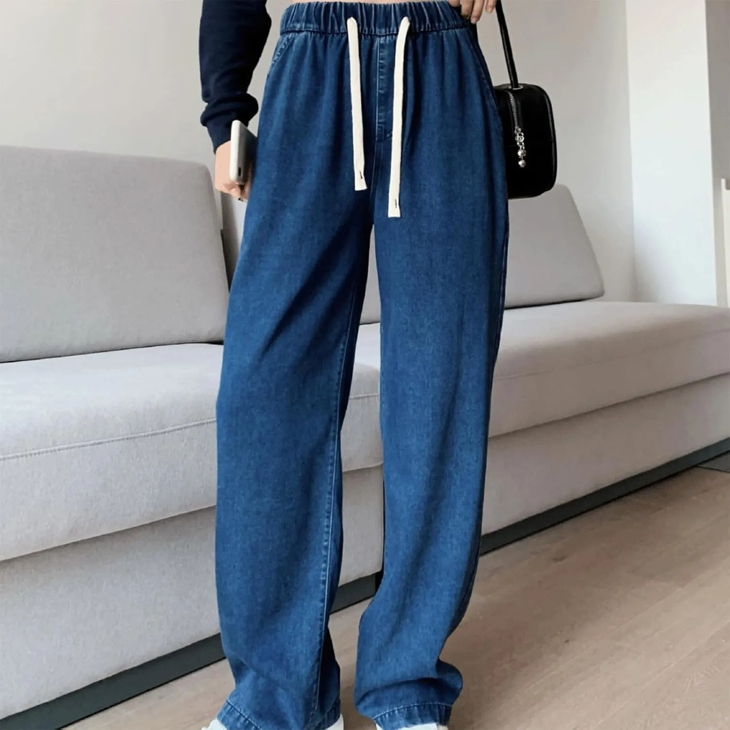 Women's Drawstring Jeans High Waisted Loose Fit Denim Pants Straight Leg Jeans Trendy Pockets Loose Wide Leg Pants