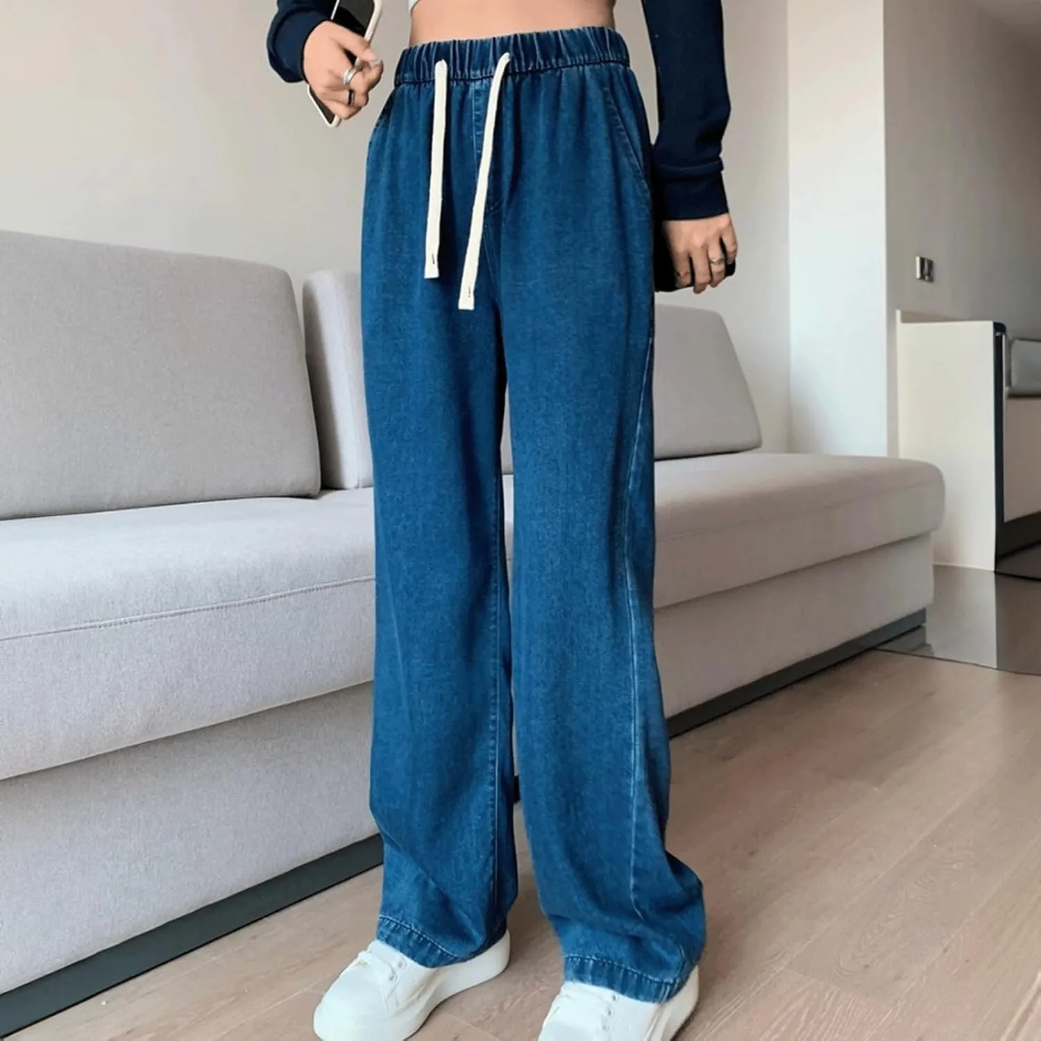 Women's Drawstring Jeans High Waisted Loose Fit Denim Pants Straight Leg Jeans Trendy Pockets Loose Wide Leg Pants