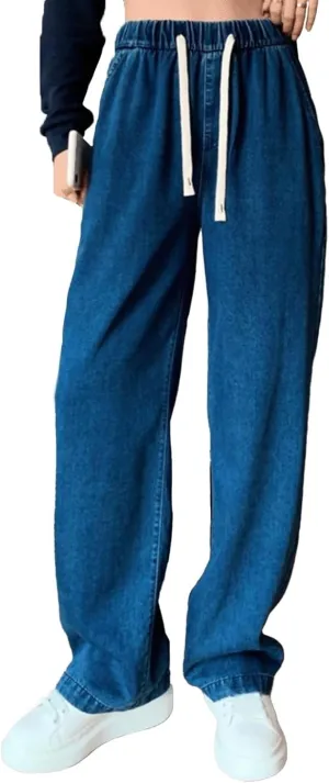 Women's Drawstring Jeans High Waisted Loose Fit Denim Pants Straight Leg Jeans Trendy Pockets Loose Wide Leg Pants