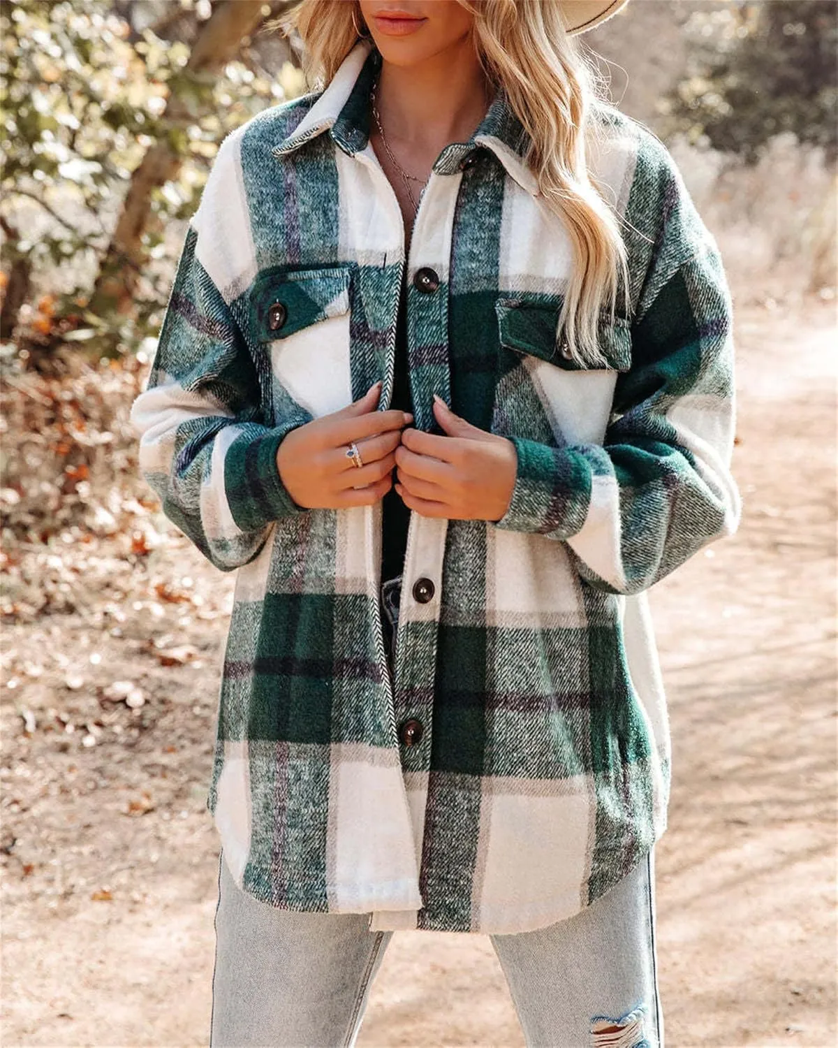 Womens Flannel Shacket Boyfriend Plaid Button Down Jacket Casual Long Sleeve Shirts
