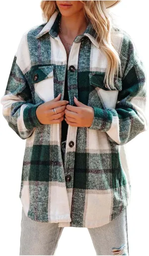Womens Flannel Shacket Boyfriend Plaid Button Down Jacket Casual Long Sleeve Shirts