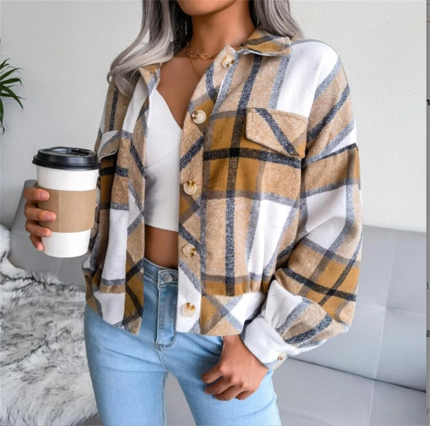 Womens Flannel Shacket Jacket Casual Plaid Wool Blend Lapel Button Down Long Sleeve Shirts 2023 Fashion Fall Coats