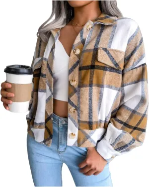 Womens Flannel Shacket Jacket Casual Plaid Wool Blend Lapel Button Down Long Sleeve Shirts 2023 Fashion Fall Coats
