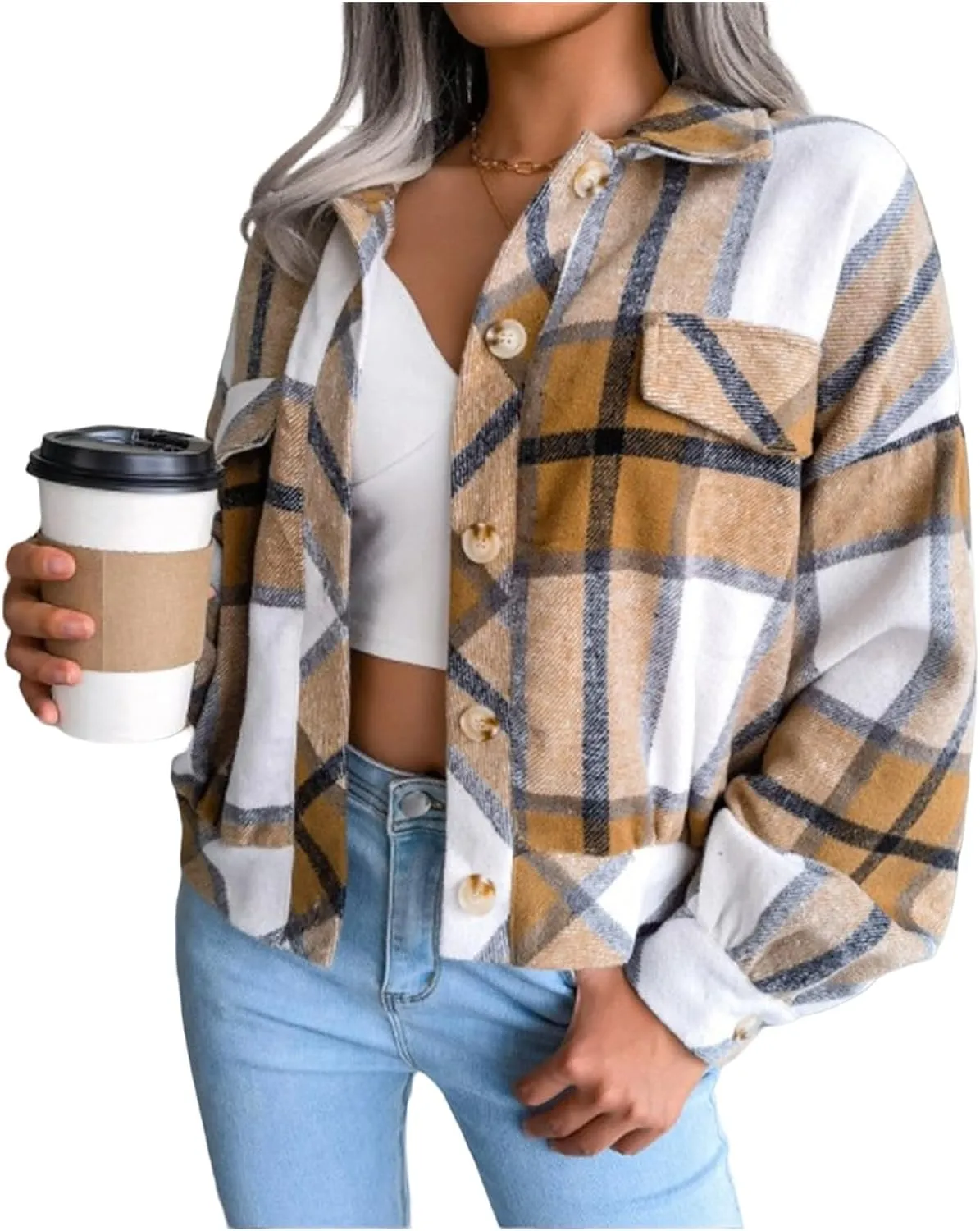 Womens Flannel Shacket Jacket Casual Plaid Wool Blend Lapel Button Down Long Sleeve Shirts 2023 Fashion Fall Coats