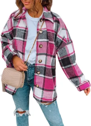 Womens Flannel Shacket Jacket Casual Plaid Wool Blend Lapel Button Down Long Sleeve Shirts 2023 Fashion Fall Coats