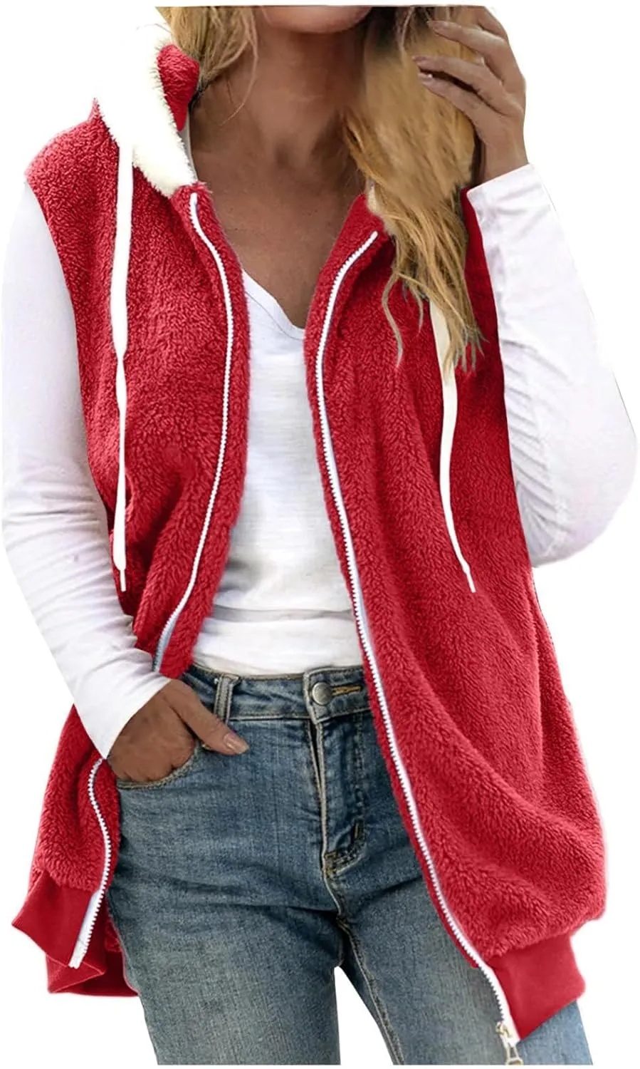 Womens Fuzzy Sherpa Fleece Jacket Lightweight Cozy Hooded Vest Sleeveless Full Zip Cardigan Fluffy Warm Hoodie Outwear