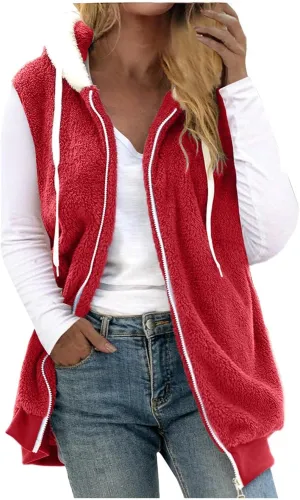 Womens Fuzzy Sherpa Fleece Jacket Lightweight Cozy Hooded Vest Sleeveless Full Zip Cardigan Fluffy Warm Hoodie Outwear