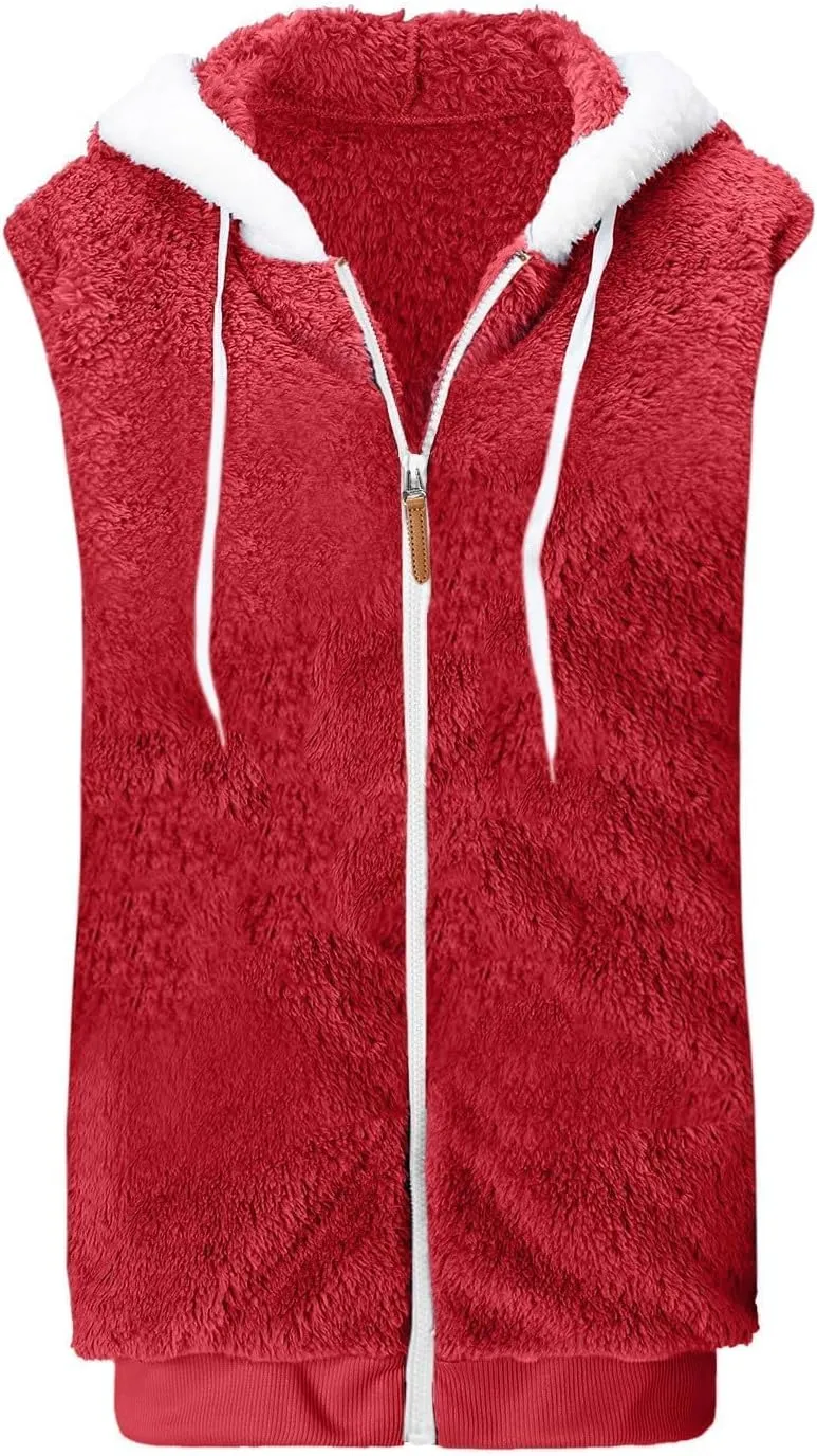 Womens Fuzzy Sherpa Fleece Jacket Lightweight Cozy Hooded Vest Sleeveless Full Zip Cardigan Fluffy Warm Hoodie Outwear