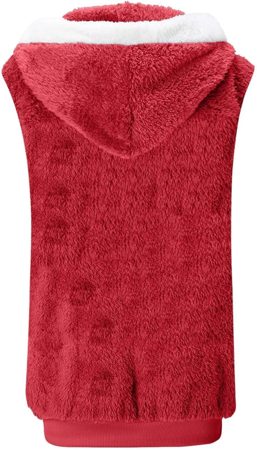 Womens Fuzzy Sherpa Fleece Jacket Lightweight Cozy Hooded Vest Sleeveless Full Zip Cardigan Fluffy Warm Hoodie Outwear