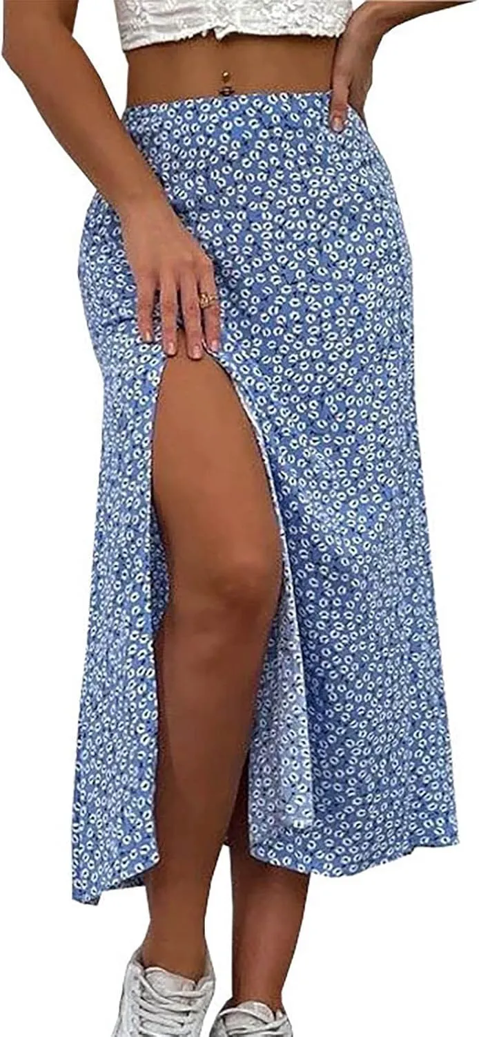 Women's High Slit Skirt High Waist Bodycon Split Long Skirt Summer Peasant Skirts for Women Boho Swing Midi Skirt