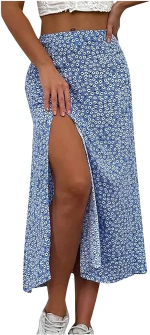 Women's High Slit Skirt High Waist Bodycon Split Long Skirt Summer Peasant Skirts for Women Boho Swing Midi Skirt