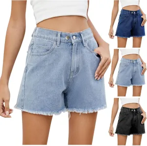 Women's Jean Shorts Frayed Raw Hem Denim Shorts Casual Summer Bermuda Short Jeans High Waisted Hot Pants with Pockets