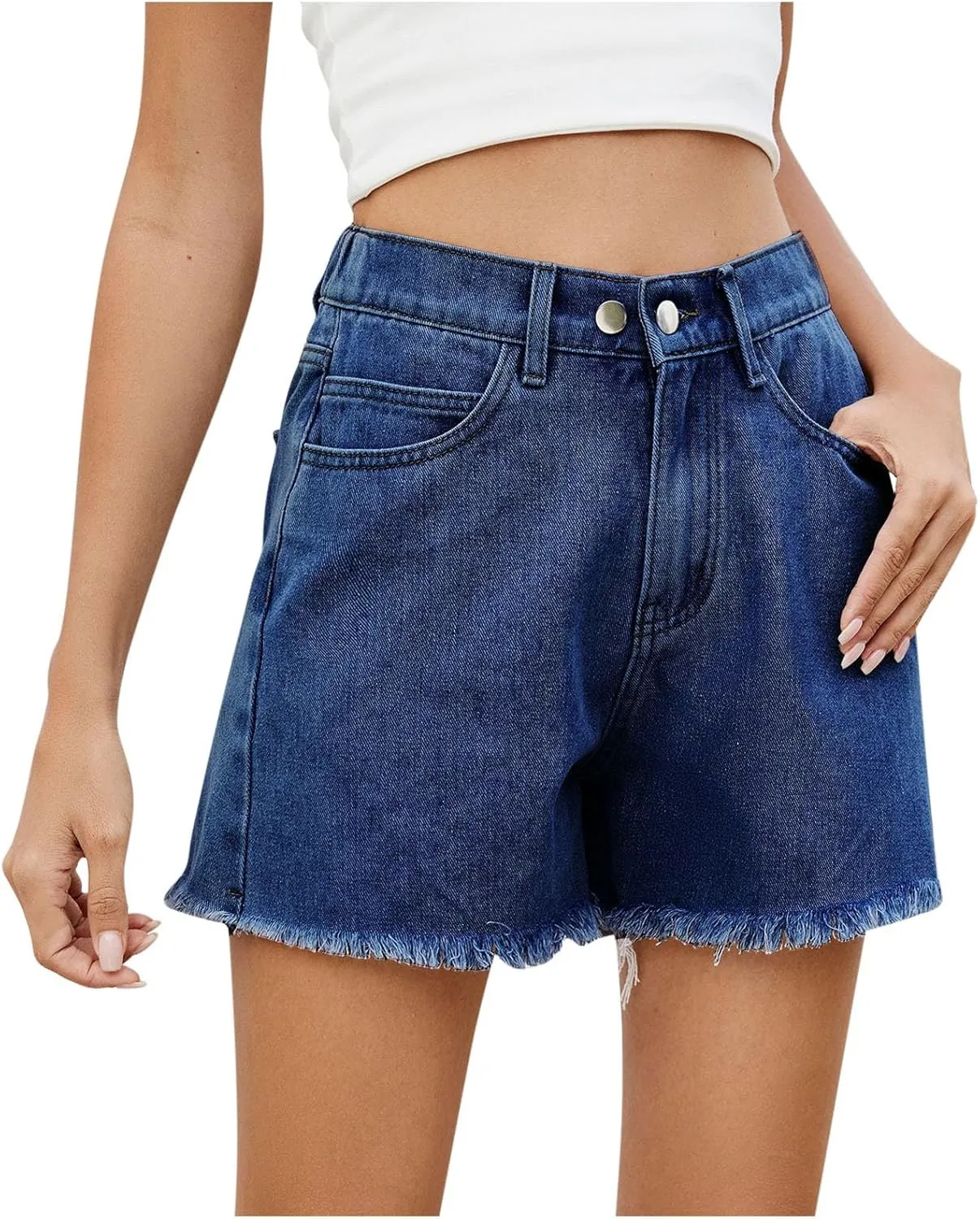 Women's Jean Shorts Frayed Raw Hem Denim Shorts Casual Summer Bermuda Short Jeans High Waisted Hot Pants with Pockets