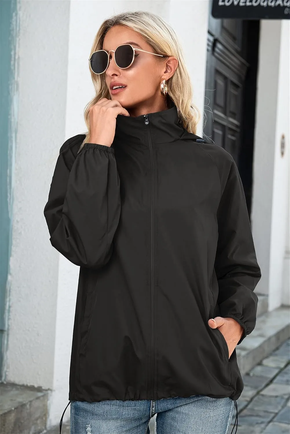Women's Lightweight Waterproof Raincoat Mountaineering Packable Rain Jacket Hooded Outdoor Cycling Sports Windbreaker