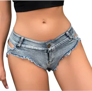 Women's Low Rise Denim Shorts Sexy Cut Off Mini Hot Pants Clubwear Denim Shorts Lace Up Frayed Cheeky Booty Shorts