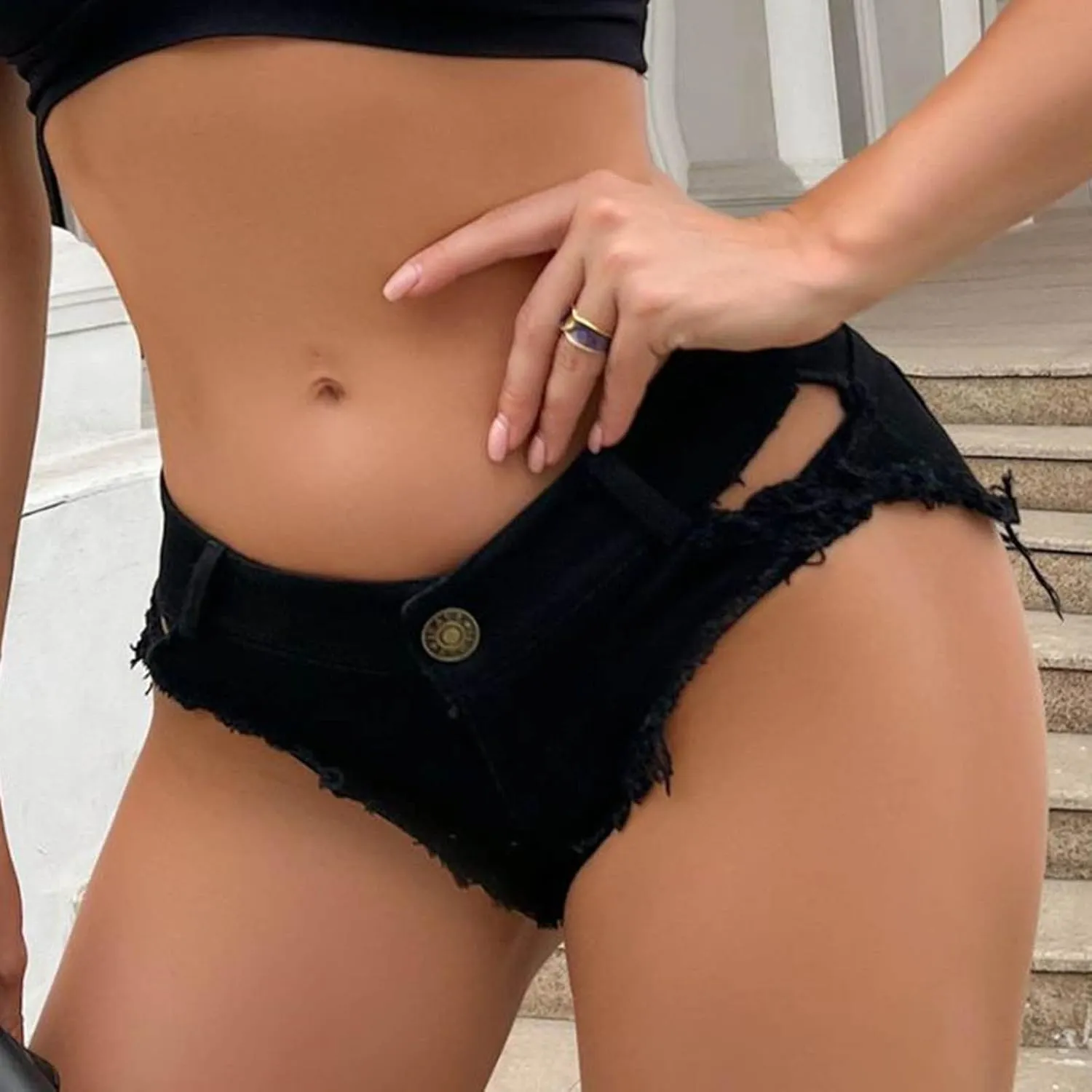 Women's Low Rise Denim Shorts Sexy Cut Off Mini Hot Pants Clubwear Denim Shorts Lace Up Frayed Cheeky Booty Shorts