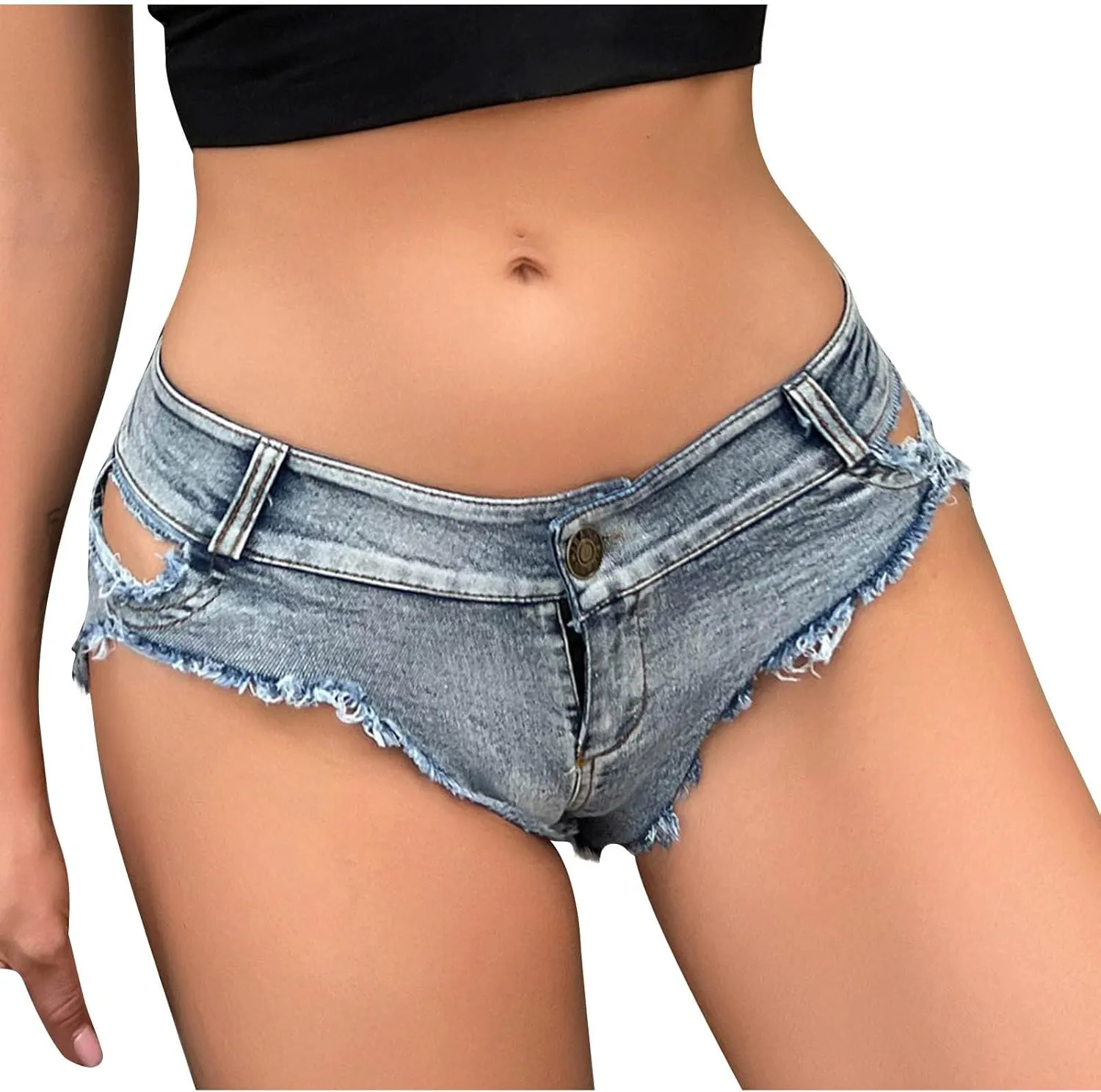 Women's Low Rise Denim Shorts Sexy Cut Off Mini Hot Pants Clubwear Denim Shorts Lace Up Frayed Cheeky Booty Shorts