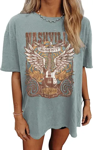 Women's Oversized Shirts Western Cowboy Shirts Vintage Graphic Tops Nashville Music Tees Retro Steer Skull Shirt