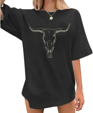 Women's Oversized Shirts Western Cowboy Shirts Vintage Graphic Tops Nashville Music Tees Retro Steer Skull Shirt