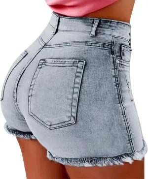 Women's Ripped Hem Jean Shorts High Waisted Distressed Denim Shorts Plus Size Beach Casual Summer Denim Shorts