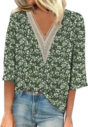 Women's Shirt Blouse Casual Loose Shirts 3/4 Sleeve Lace Trims Print V Neck Tops Print Women's Athletic Shirts