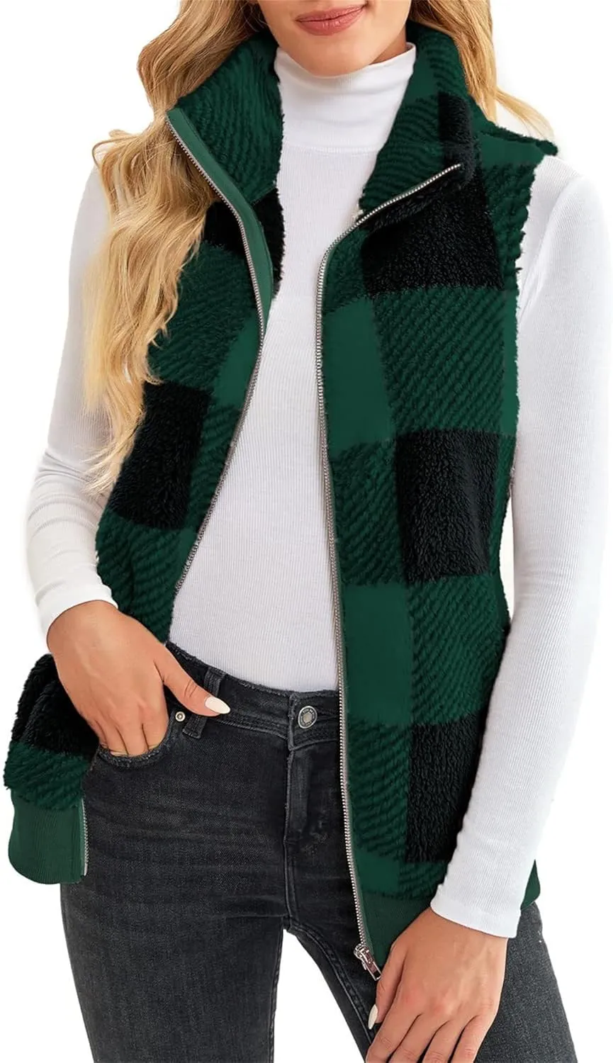 Womens Sleeveless Sherpa Vest Casual Open Front Fleece Cardigan Sweaters Plaid Fuzzy Jackets 2023 Fall Coat Pockets