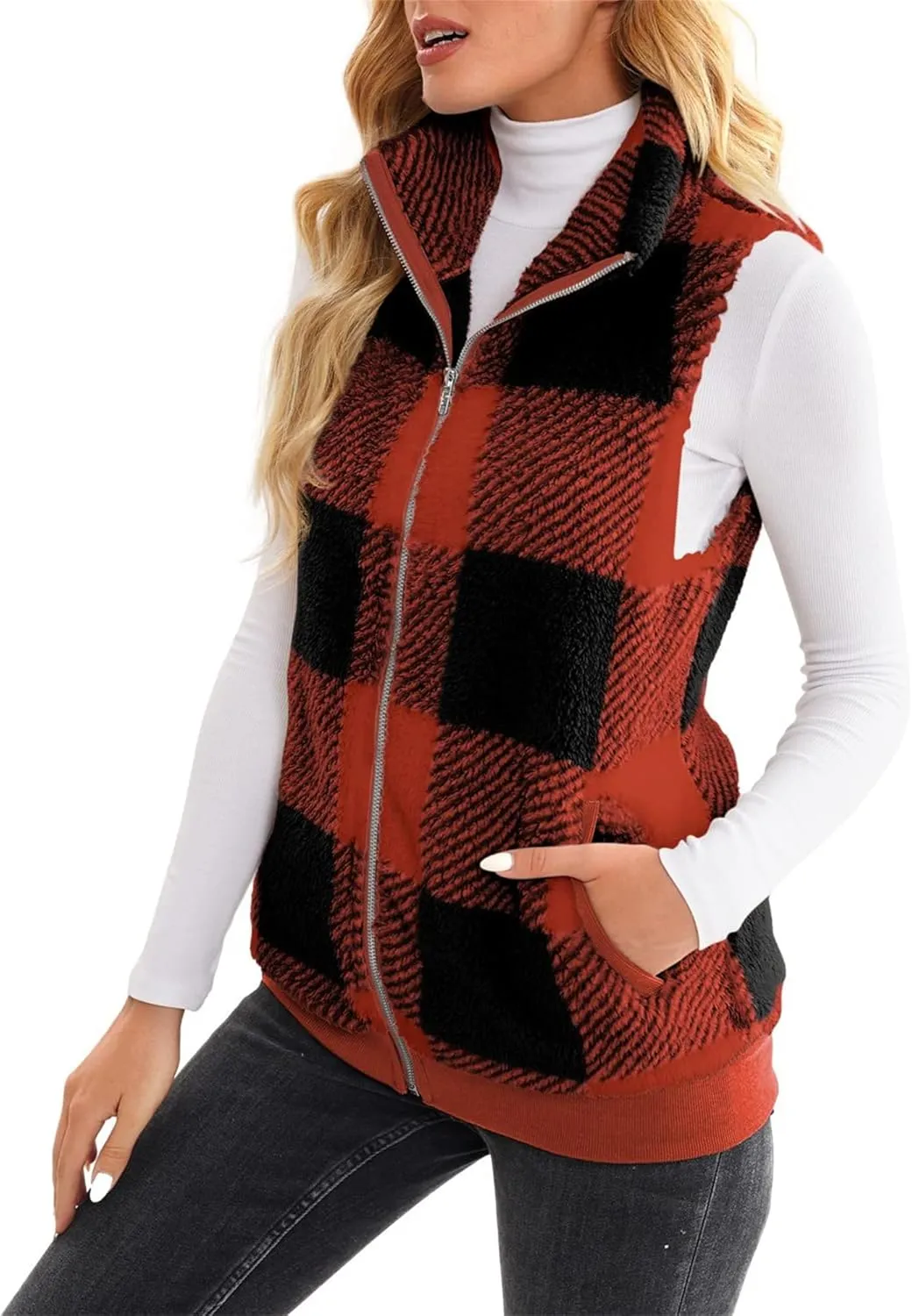 Womens Sleeveless Sherpa Vest Casual Open Front Fleece Cardigan Sweaters Plaid Fuzzy Jackets 2023 Fall Coat Pockets