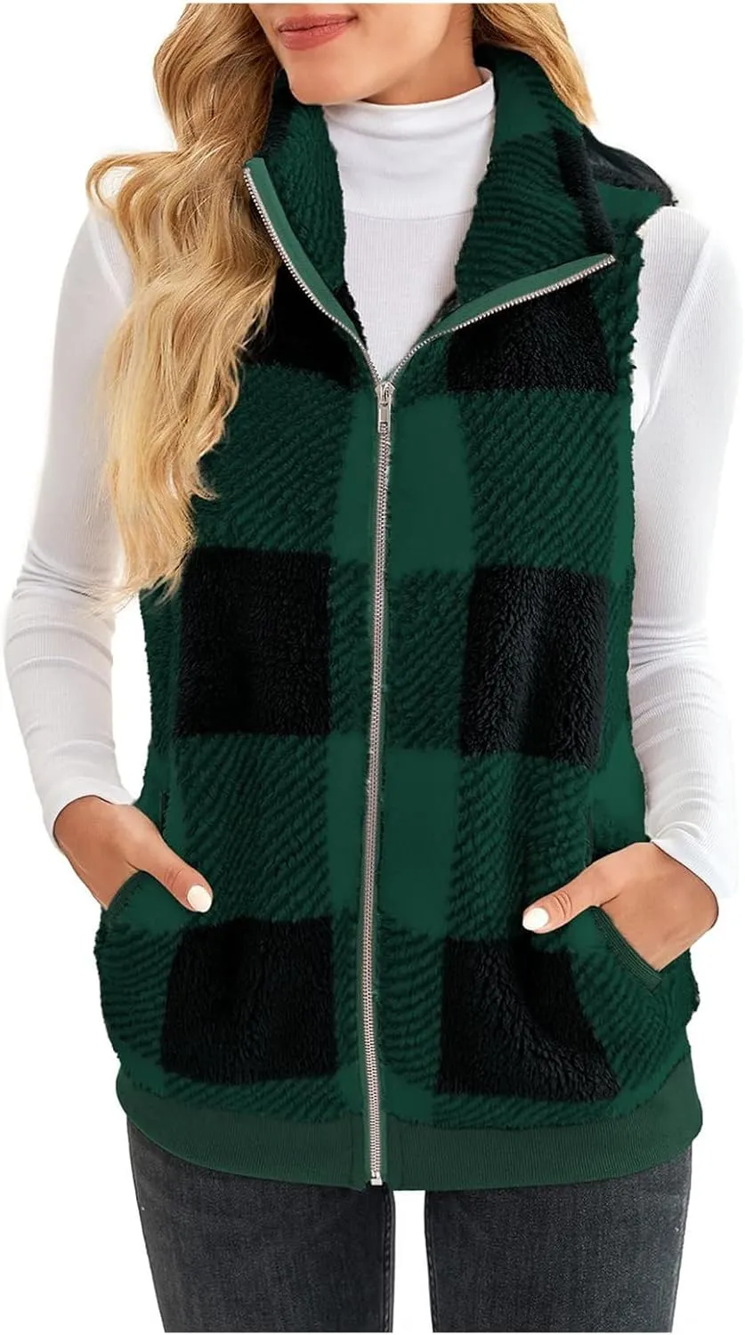 Womens Sleeveless Sherpa Vest Casual Open Front Fleece Cardigan Sweaters Plaid Fuzzy Jackets 2023 Fall Coat Pockets