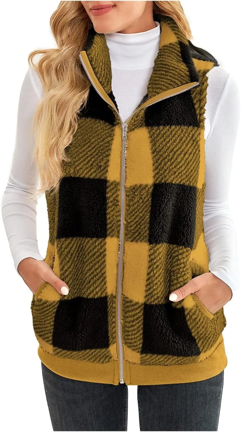 Womens Sleeveless Sherpa Vest Casual Open Front Fleece Cardigan Sweaters Plaid Fuzzy Jackets 2023 Fall Coat Pockets