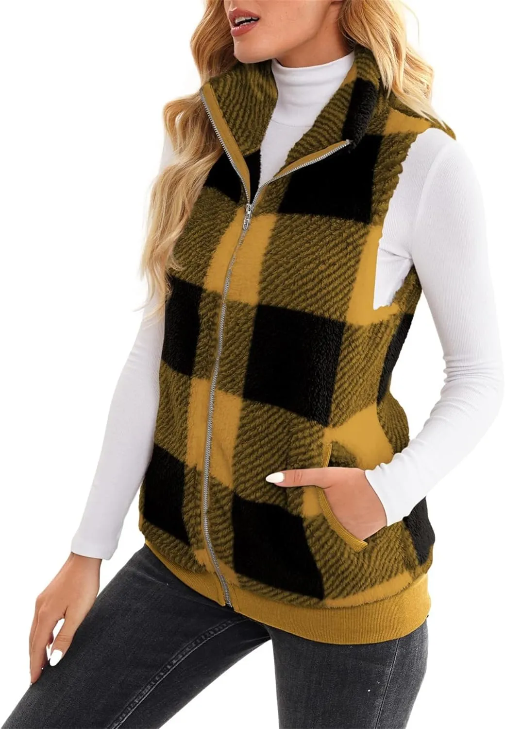 Womens Sleeveless Sherpa Vest Casual Open Front Fleece Cardigan Sweaters Plaid Fuzzy Jackets 2023 Fall Coat Pockets