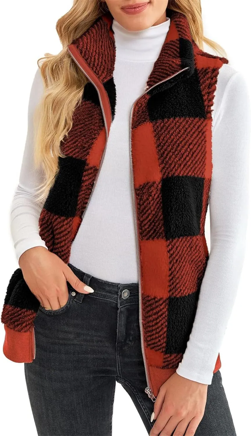 Womens Sleeveless Sherpa Vest Casual Open Front Fleece Cardigan Sweaters Plaid Fuzzy Jackets 2023 Fall Coat Pockets