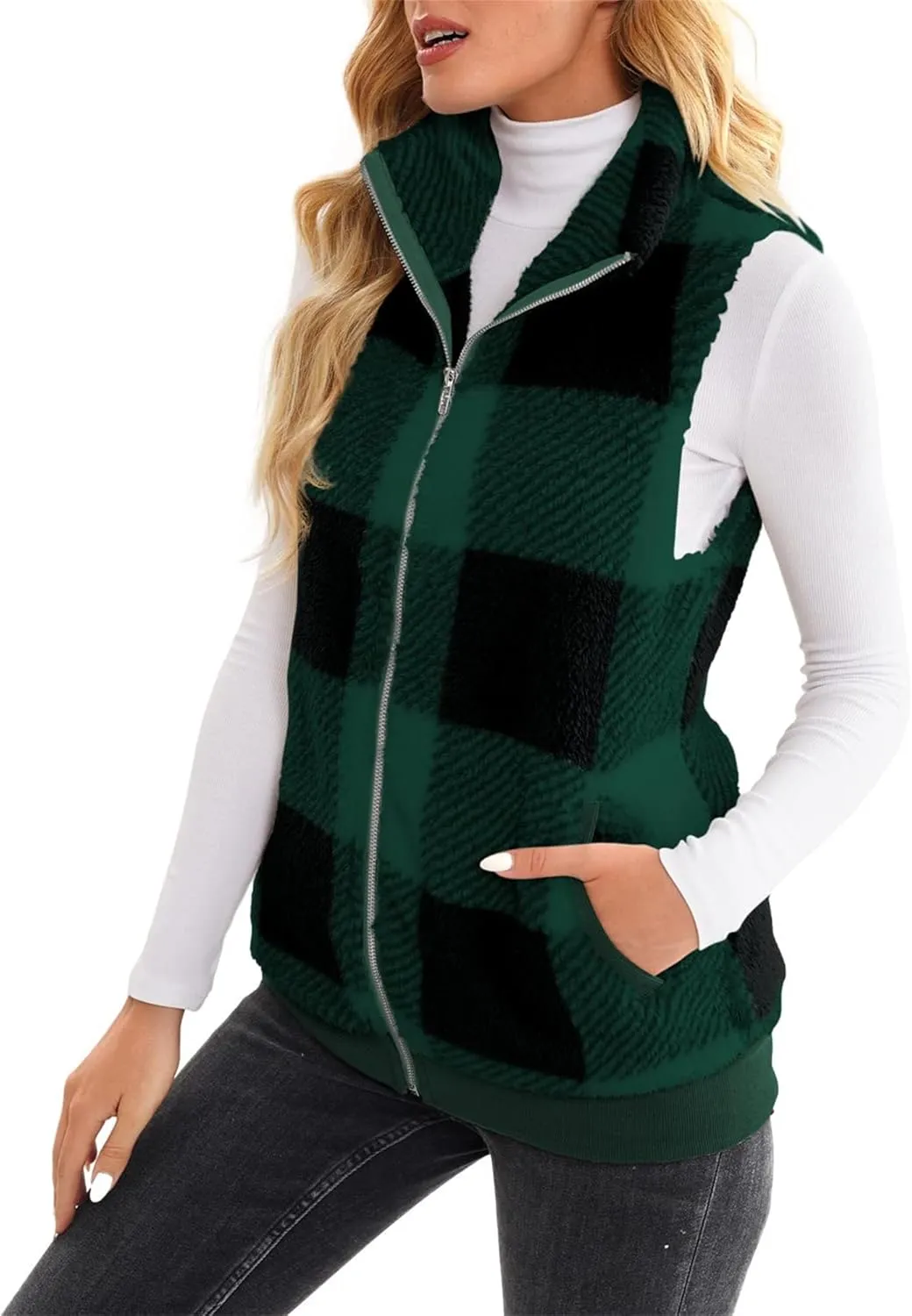 Womens Sleeveless Sherpa Vest Casual Open Front Fleece Cardigan Sweaters Plaid Fuzzy Jackets 2023 Fall Coat Pockets