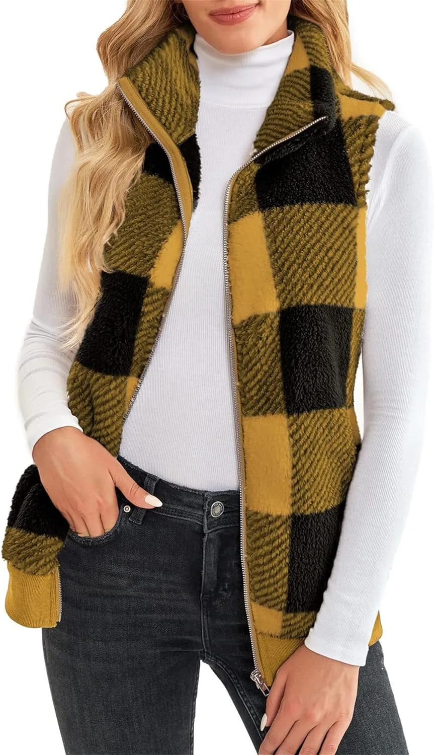 Womens Sleeveless Sherpa Vest Casual Open Front Fleece Cardigan Sweaters Plaid Fuzzy Jackets 2023 Fall Coat Pockets