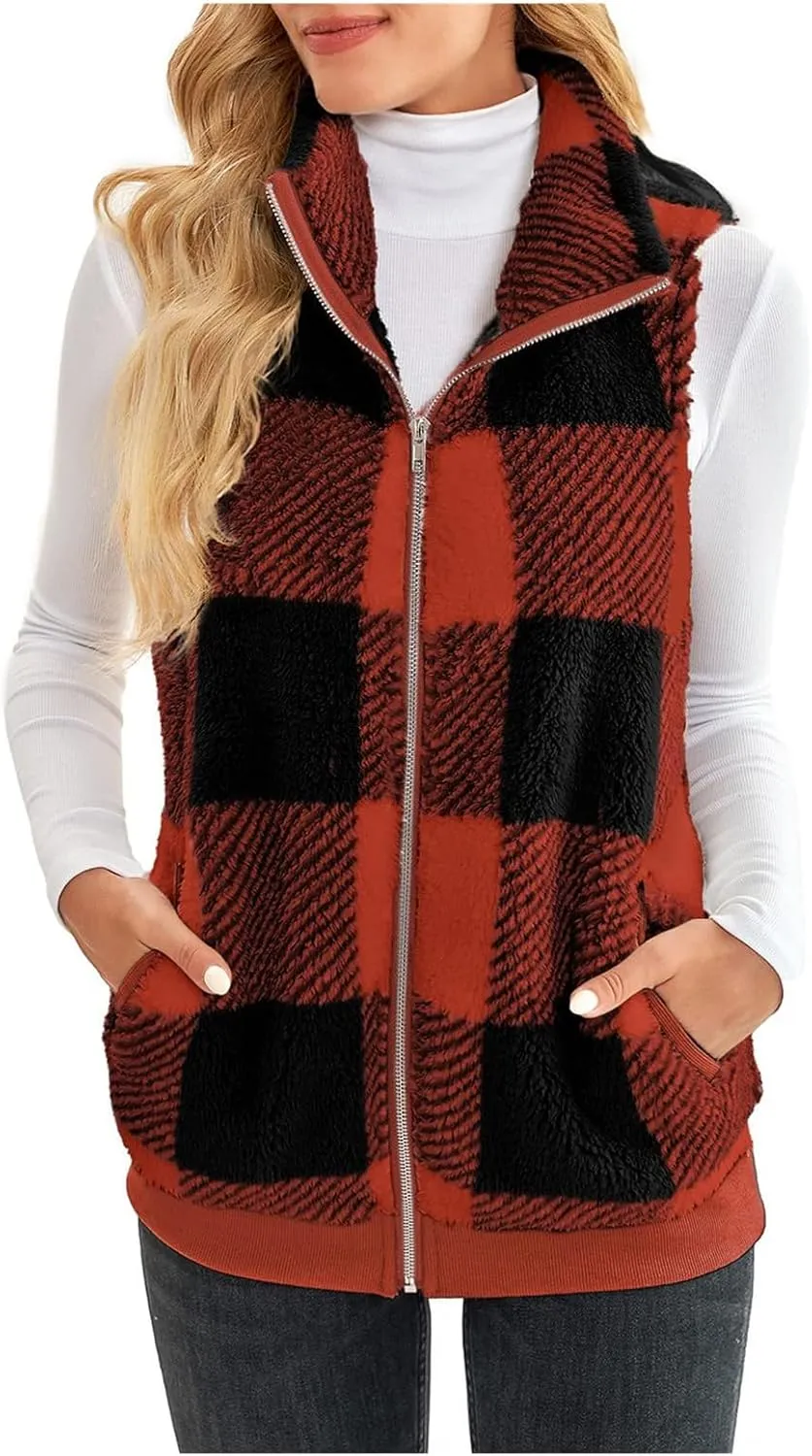 Womens Sleeveless Sherpa Vest Casual Open Front Fleece Cardigan Sweaters Plaid Fuzzy Jackets 2023 Fall Coat Pockets