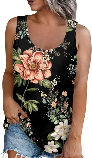 Womens Sleeveless Summer Tank Top Oversized Trendy Crew Neck Tunic Tops Comfy Loose Fit Print Soft Tank Tops