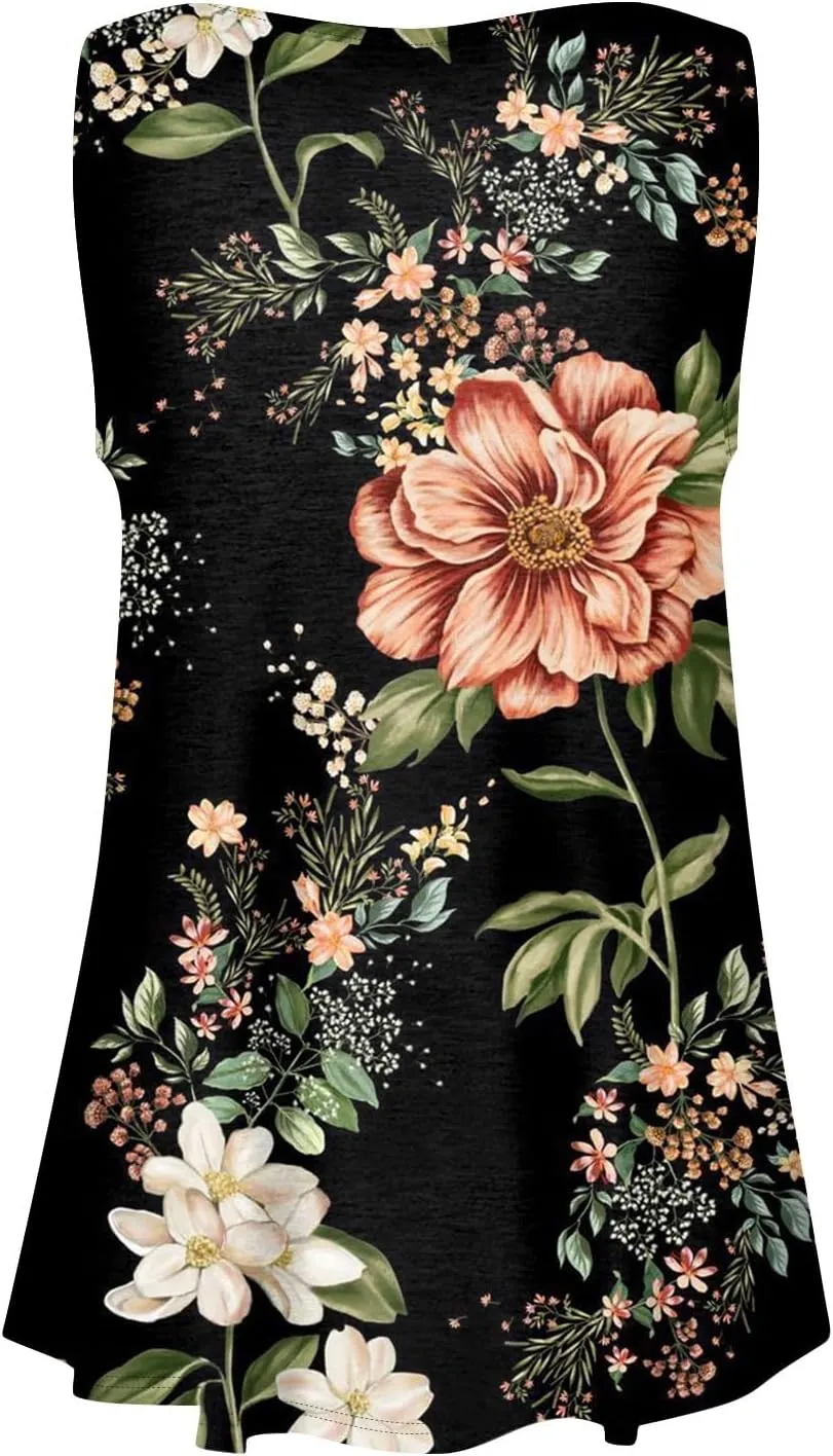 Womens Sleeveless Summer Tank Top Oversized Trendy Crew Neck Tunic Tops Comfy Loose Fit Print Soft Tank Tops