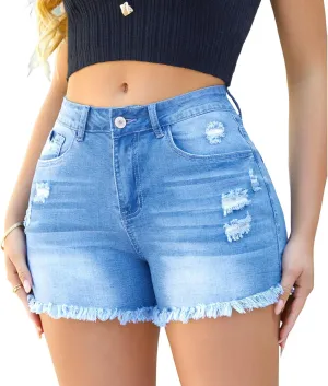 Women's Stretchy High Waisted Jean Shorts Ripped Denim Shorts