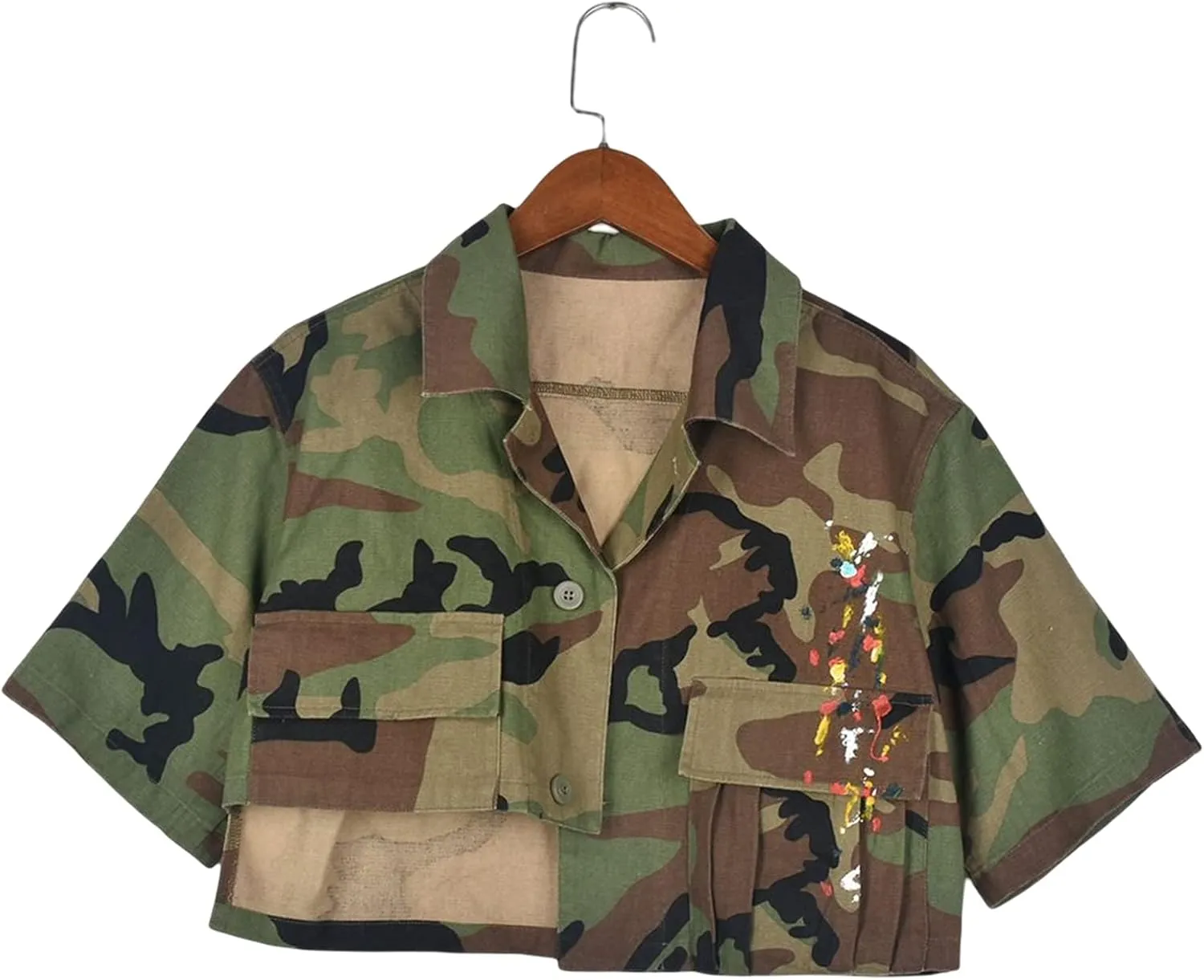 Womens Summer Cute Camo Button Down Cropped Jean Jacket Casual Lapel Outwear Denim Shirts Blouse Top