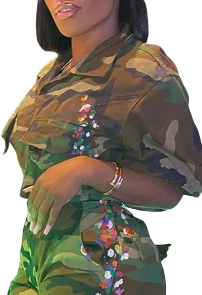 Womens Summer Cute Camo Button Down Cropped Jean Jacket Casual Lapel Outwear Denim Shirts Blouse Top