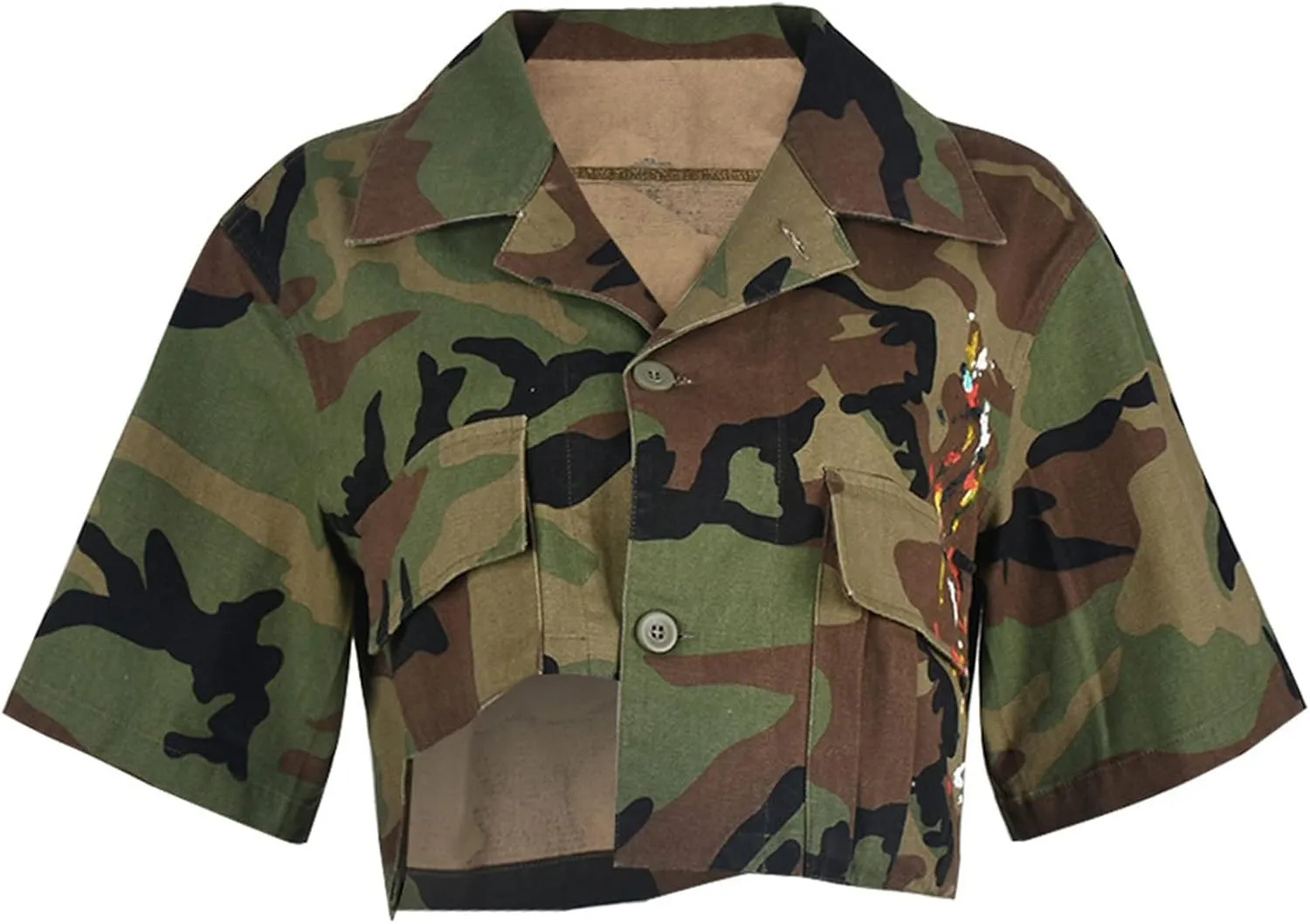 Womens Summer Cute Camo Button Down Cropped Jean Jacket Casual Lapel Outwear Denim Shirts Blouse Top