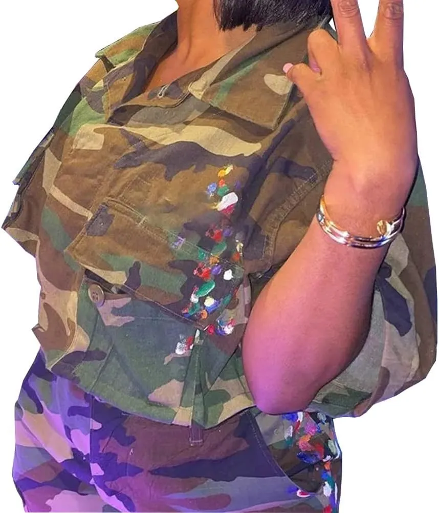 Womens Summer Cute Camo Button Down Cropped Jean Jacket Casual Lapel Outwear Denim Shirts Blouse Top