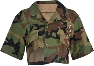 Womens Summer Cute Camo Button Down Cropped Jean Jacket Casual Lapel Outwear Denim Shirts Blouse Top