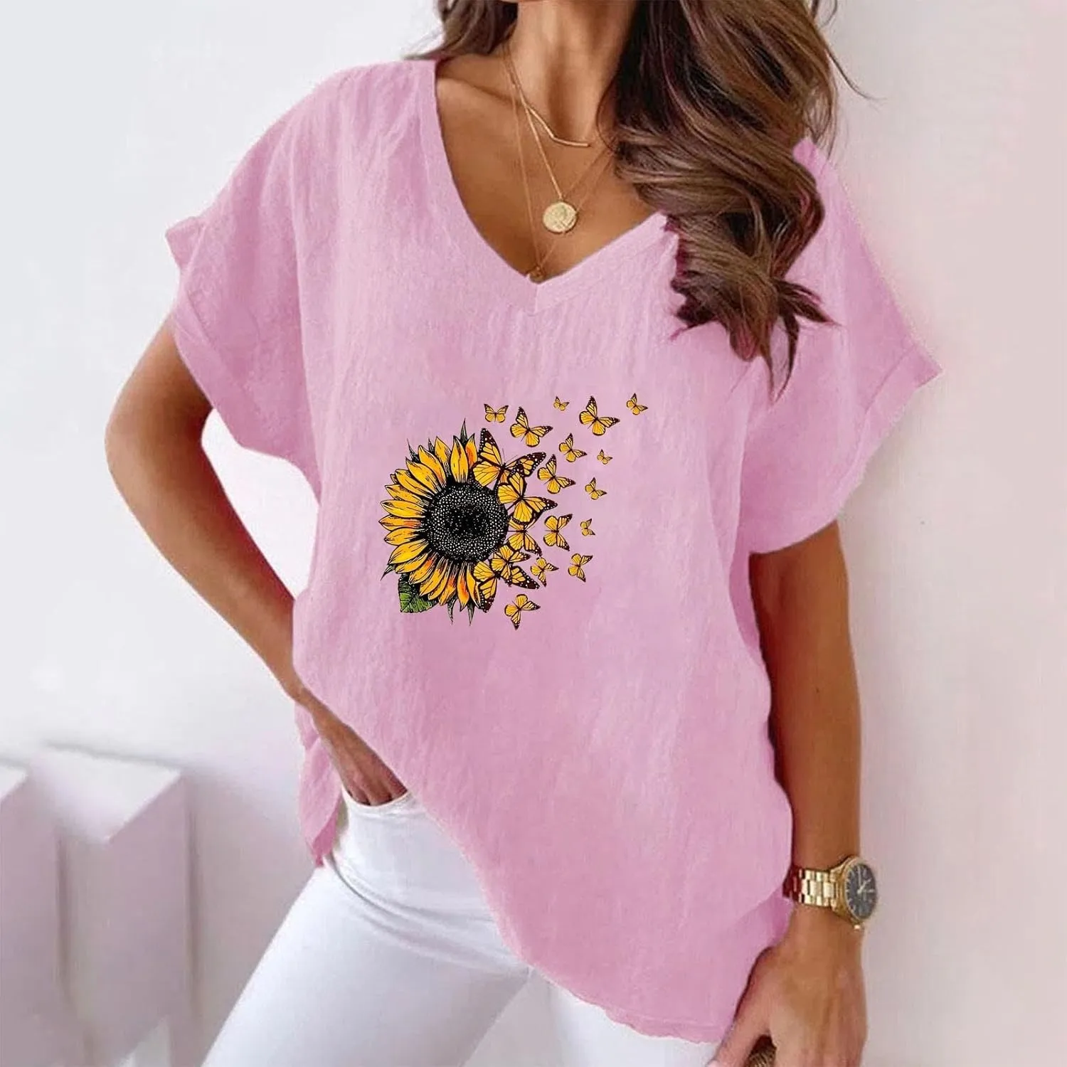 Women's Sunflower Gauze Tops 2024 Cotton Linen Summer Blouse Shirt Short Sleeve Tunic Tshirt Trendy Causal Clothing