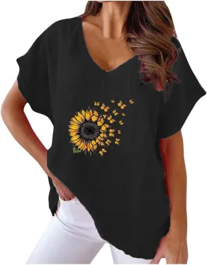 Women's Sunflower Gauze Tops 2024 Cotton Linen Summer Blouse Shirt Short Sleeve Tunic Tshirt Trendy Causal Clothing