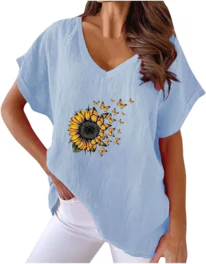 Women's Sunflower Gauze Tops 2024 Cotton Linen Summer Blouse Shirt Short Sleeve Tunic Tshirt Trendy Causal Clothing