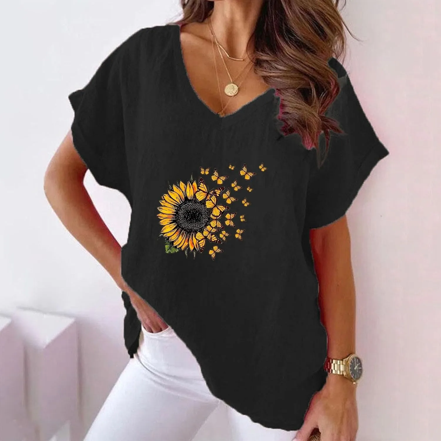 Women's Sunflower Gauze Tops 2024 Cotton Linen Summer Blouse Shirt Short Sleeve Tunic Tshirt Trendy Causal Clothing