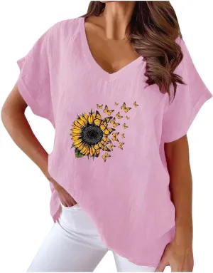 Women's Sunflower Gauze Tops 2024 Cotton Linen Summer Blouse Shirt Short Sleeve Tunic Tshirt Trendy Causal Clothing
