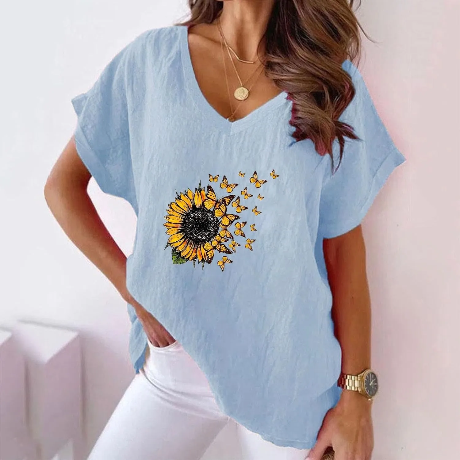 Women's Sunflower Gauze Tops 2024 Cotton Linen Summer Blouse Shirt Short Sleeve Tunic Tshirt Trendy Causal Clothing